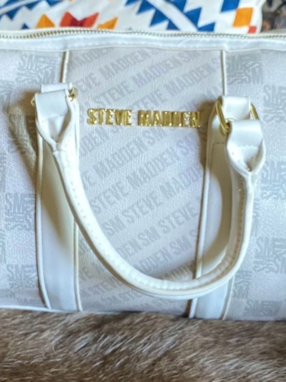 Steve Madden White Logo Tote with Gold Hardware